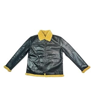 Men’s Faux Leather Sherpa Lined Jacket Vintage Collared Long Sleeve large